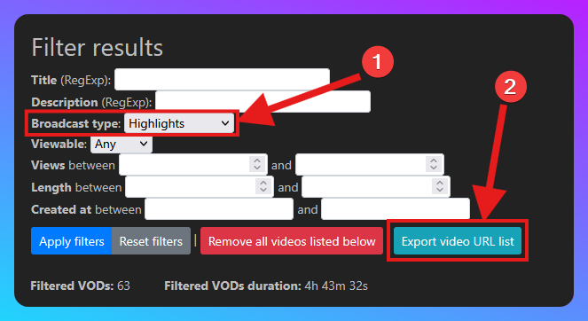 Capture des options de filtres sur le VOD Manager de CommanderRoot. Les options sont multiples et nombreuses, il est même possible d'indiquer une regex.