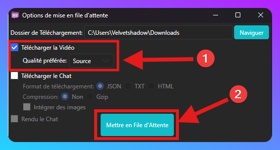 Capture des options de téléchargement de Twitch Downloader