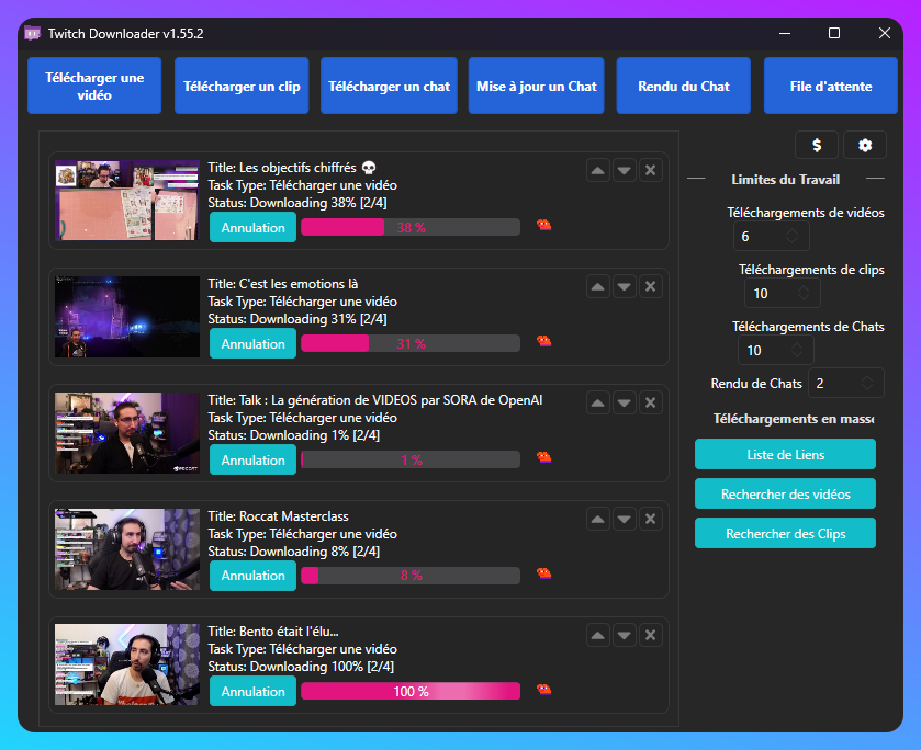 Capture de l'écran de téléchargement de Twitch Downloader. On y voit plusieurs vidéos se télécharger simultanément.