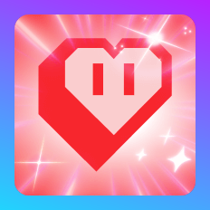 Badge "Partagez l'amour" de Twitch : un coeur rouge reprenant les features (angles, yeux) du logo Twitch "Glitch", sur un fond rosé éclatant et étincelant. 