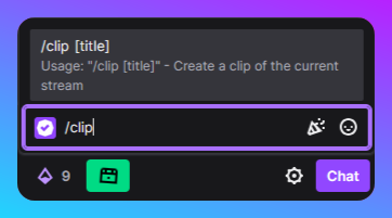 Capture du /clip dans le tchat sur Twitch, indiquant "/clip [Title] Create a clip of the current stream"