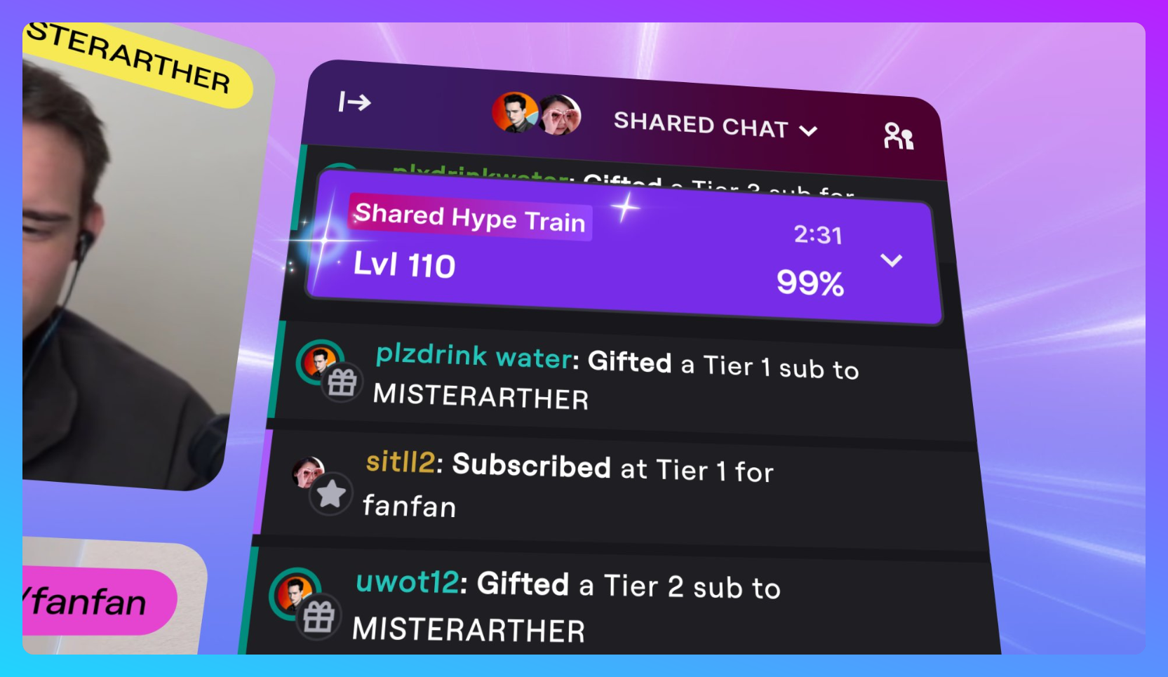 Capture de la vidéo d'illustration du Train de la hype partagé. On y voit un train de la hype dans un chat partagé entre deux chaîne, avec la mention "shared hype train".