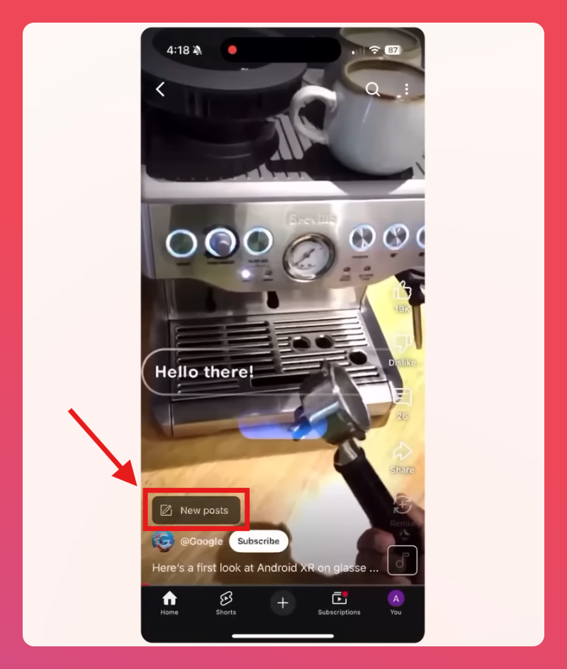 Capture de l'UI d'un Short YouTube. On y voit un bouton "new posts" mis en évidence pour illustrer.