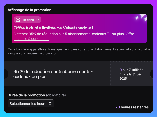 Capture de l'interface Twitch des promotions partagées disponibles, récapitulant les informations ci-dessus.