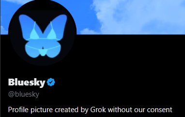 Capture du profil de Bluesky, avec le logo papillon bleu portant un bikini, et la bio indiquant "profile picture created by grok withou our consent"