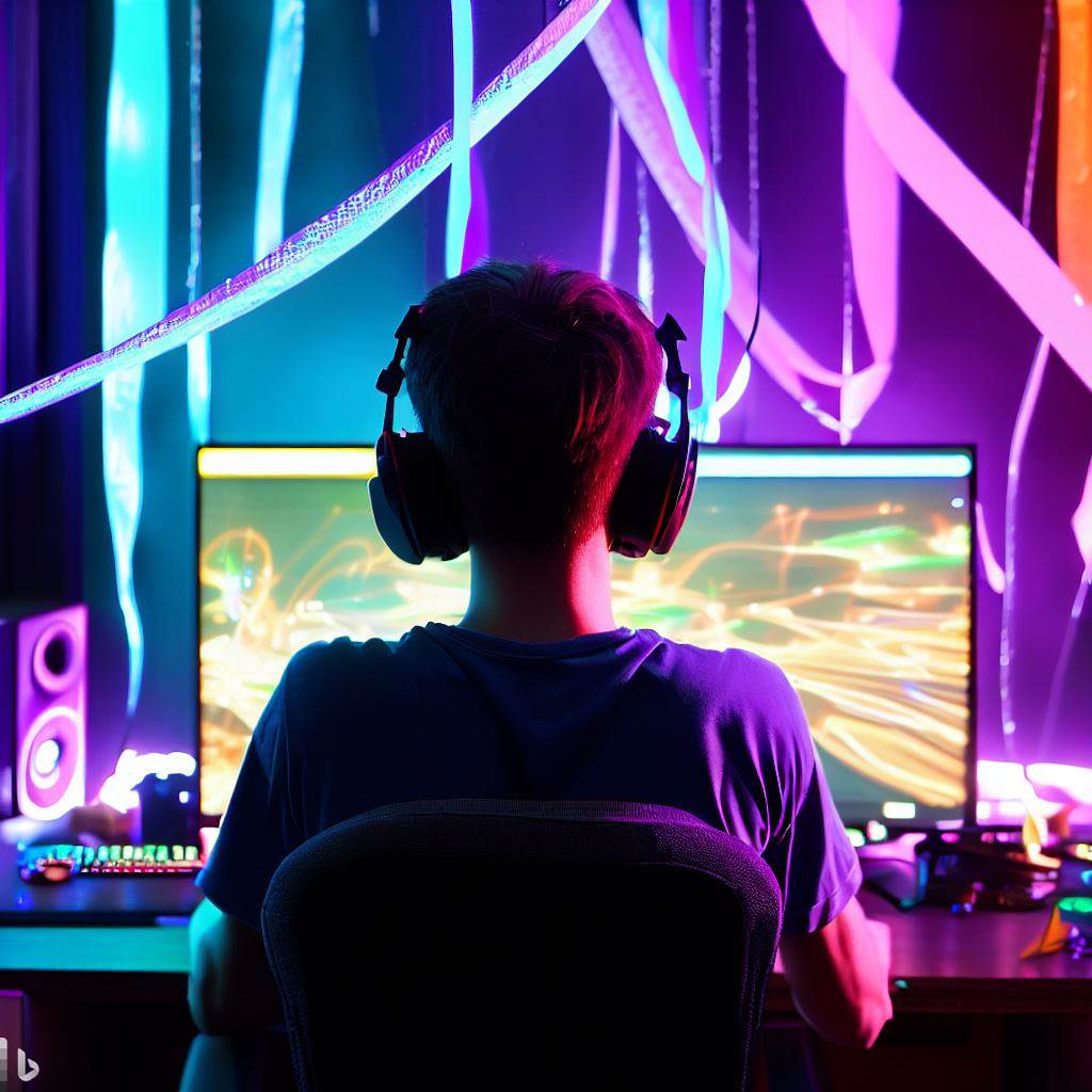 Un streamer, vu de dos, devant son bureau et son ordinateur gaming. Il y a beaucoup de rubans a LEDs.