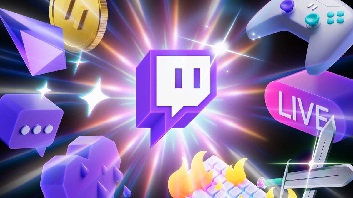 Logo Twitch entouré d'autres elements visuels suivant la même D.A. 3D iso de l'entreprise