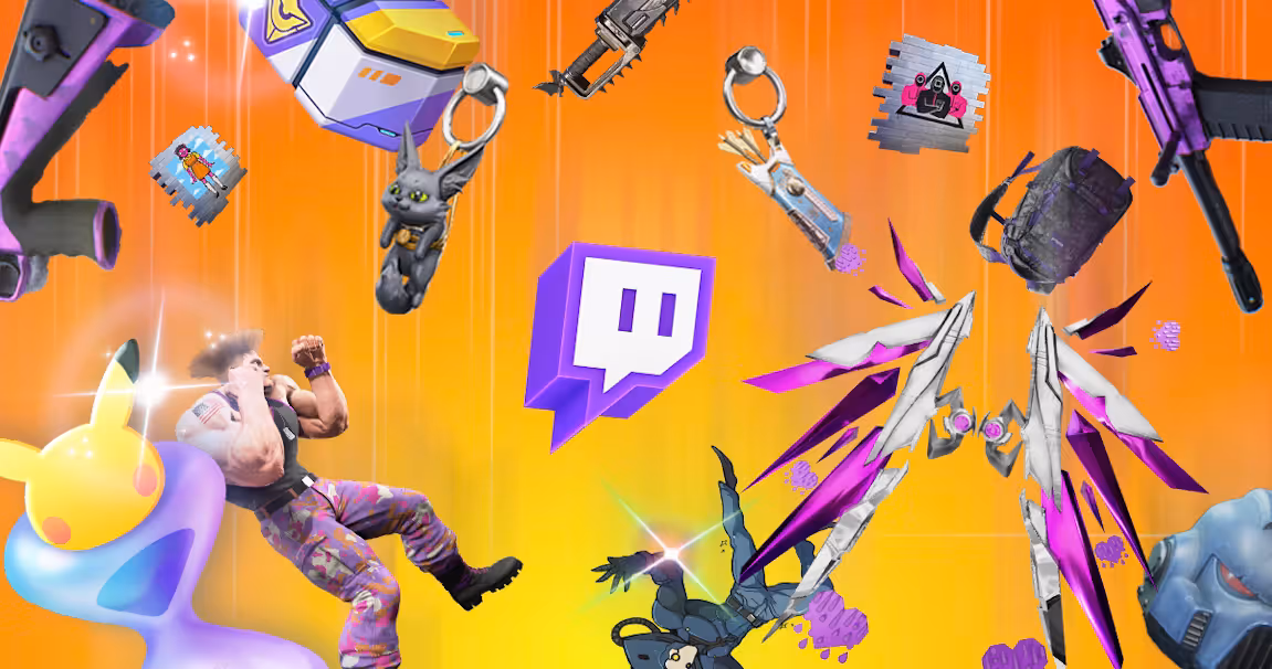 Logo Twitch entouré de plein de petits elements gaming, symbolisant les drops de la plateforme.