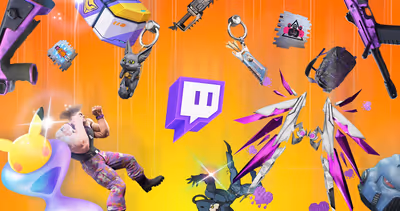 Logo Twitch entouré de plein de petits elements gaming, symbolisant les drops de la plateforme.