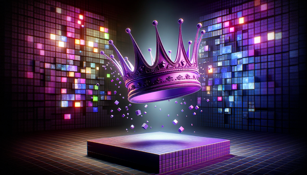 Une couronne violette réaliste tombant au sol devant un mur d'écrans allumés. La couronne semble flotter en plein air.