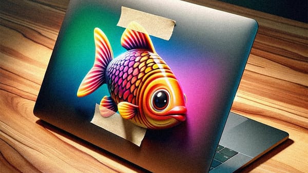 Un poisson est scotché à un ordinateur portable, posé sur une table en bois.