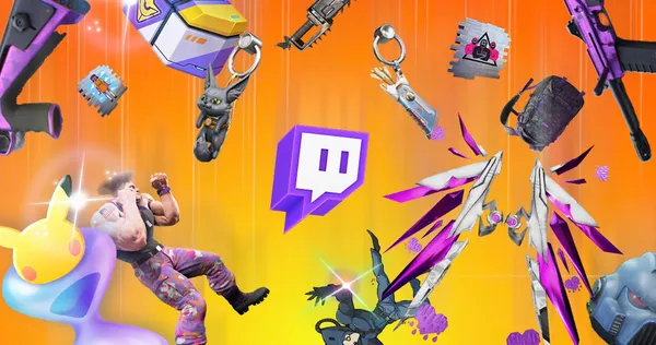 Logo Twitch entouré de plein de petits elements gaming, symbolisant les drops de la plateforme.