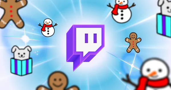 Logo twitch entouré de petits personages festifs hivernaux