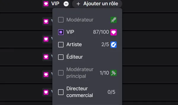 Ecran de selection des roles sur twitch avec la nouvelle option "Directeur commercial"